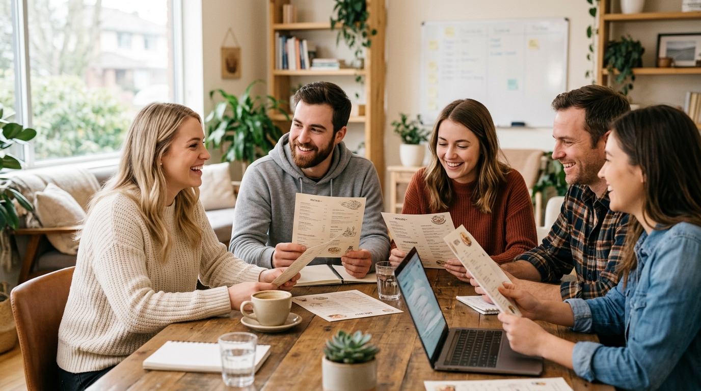 Équipe conviviale d'auretreaden réunie autour d'une table avec des fiches de menus