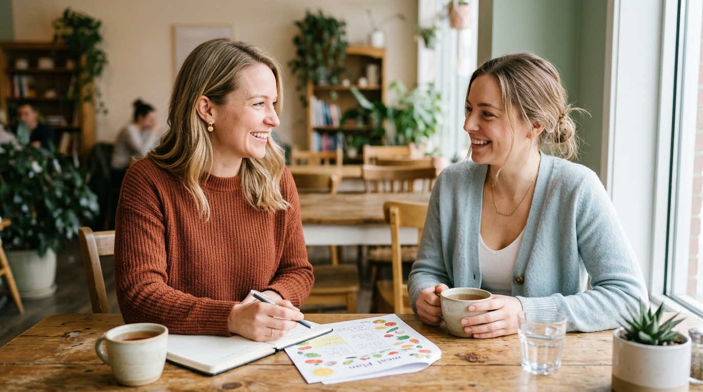 Conseillère d'auretreaden discutant d'un plan de repas avec une cliente souriante