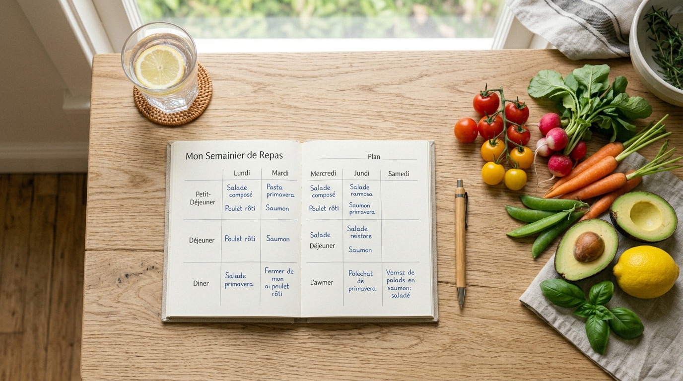 Plan de repas équilibré avec légumes frais et carnet de menus sur une table claire